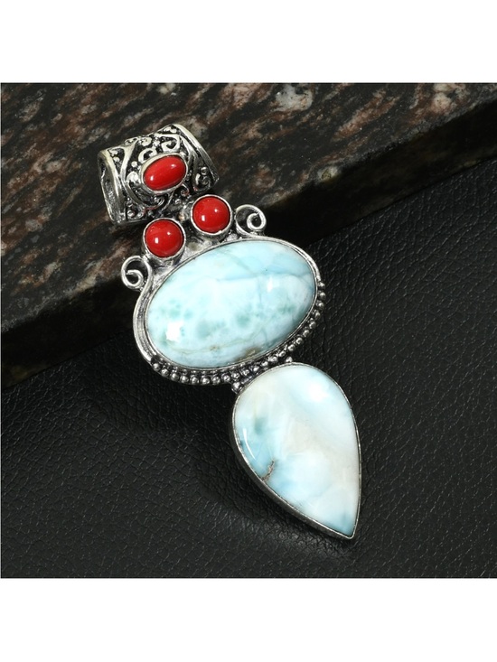 Jewelry - New! 925 Sterling Silver Overlay Larimar & Red Coral Multi Gemstone Pendant